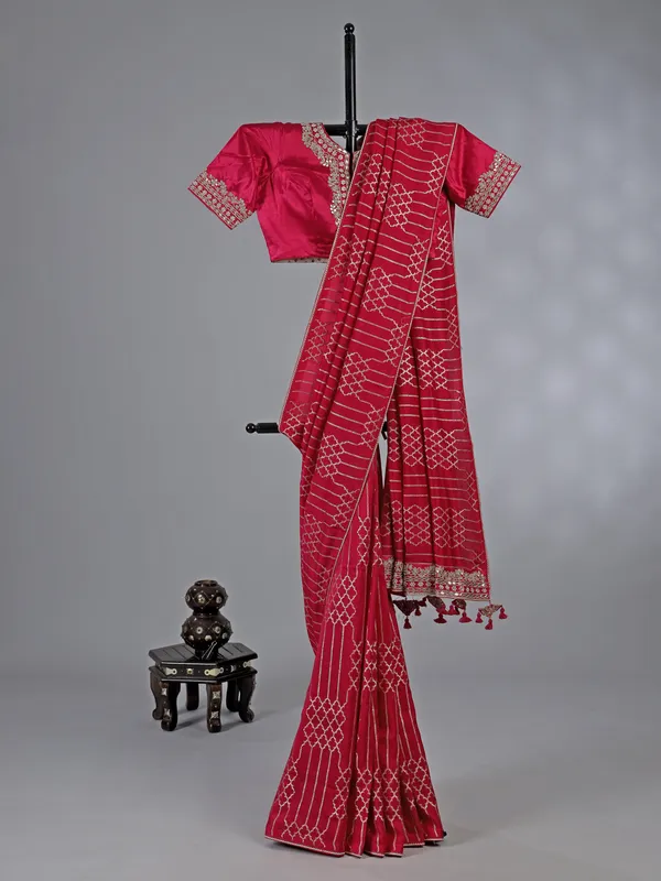 Pink dola silk ready made blouse saree for wedding