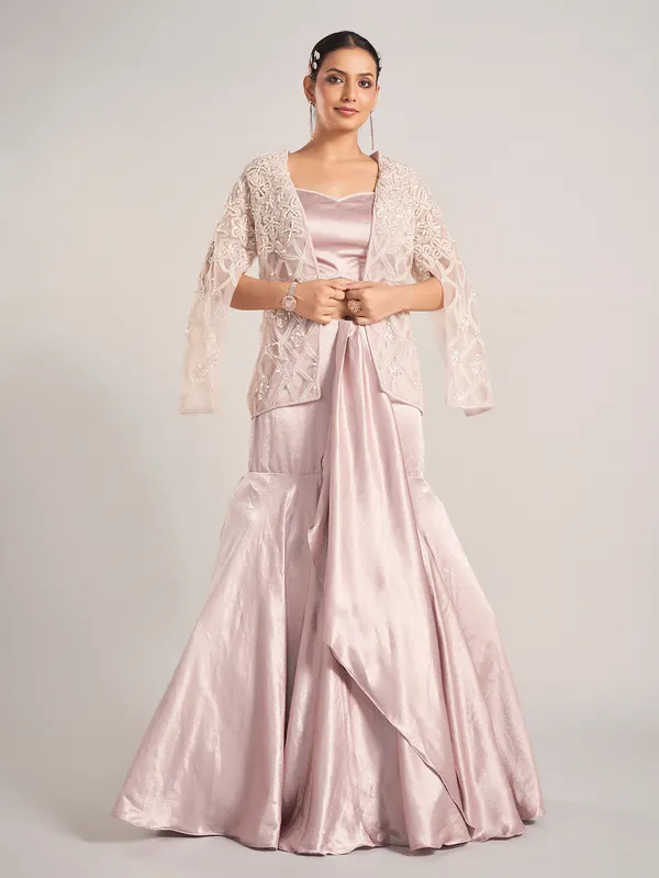 Pink embellished tissue organza indowestern
