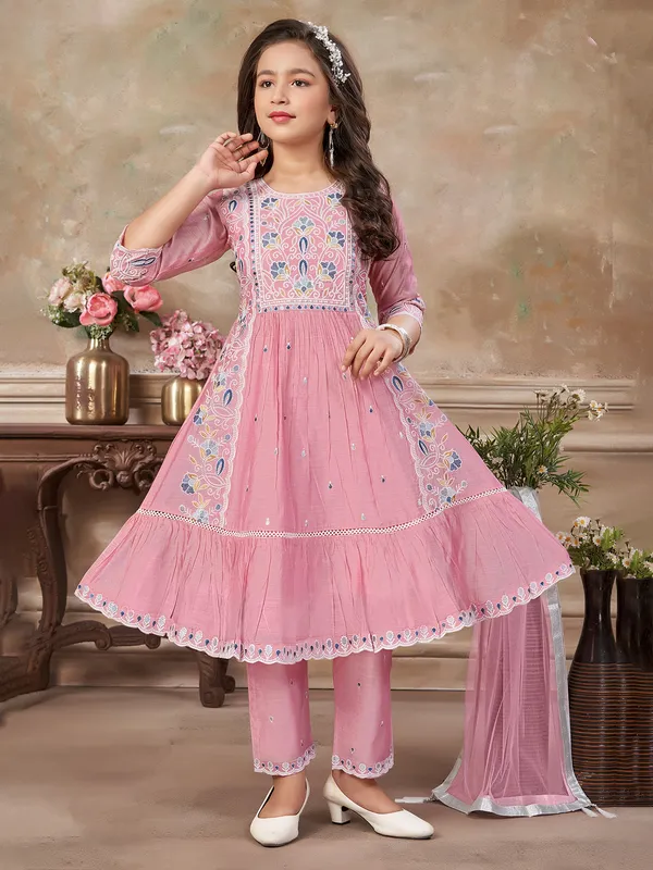 Pink embroidered salwar suit with pants and dupatta