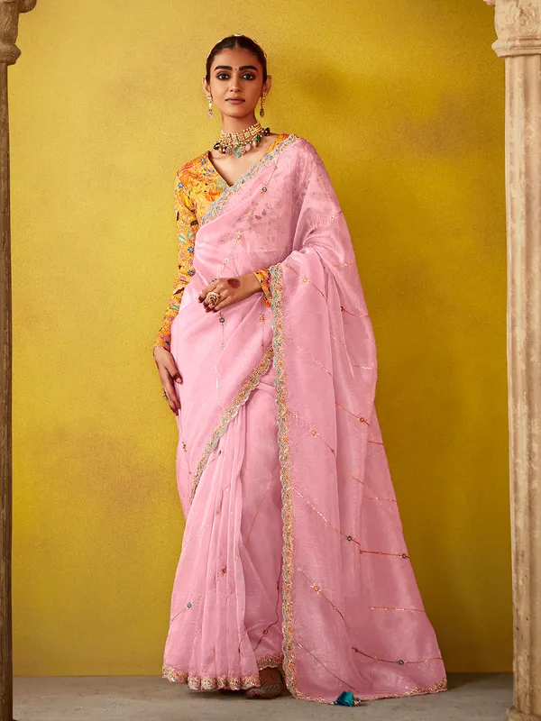 Pink embroidered tissue silk saree