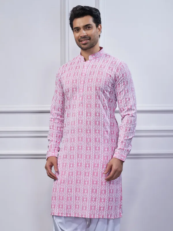 Pink embroidery cotton kurta pajama for mens