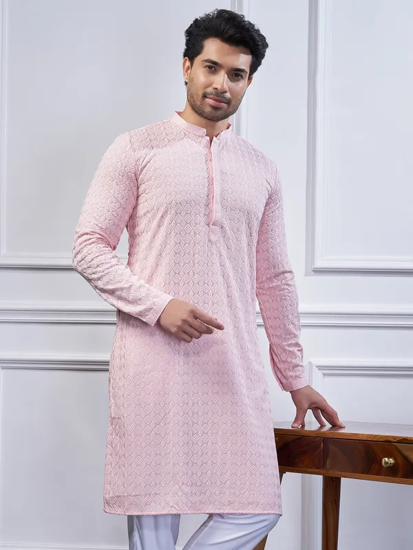 Pink embroidery cotton kurta suit for men