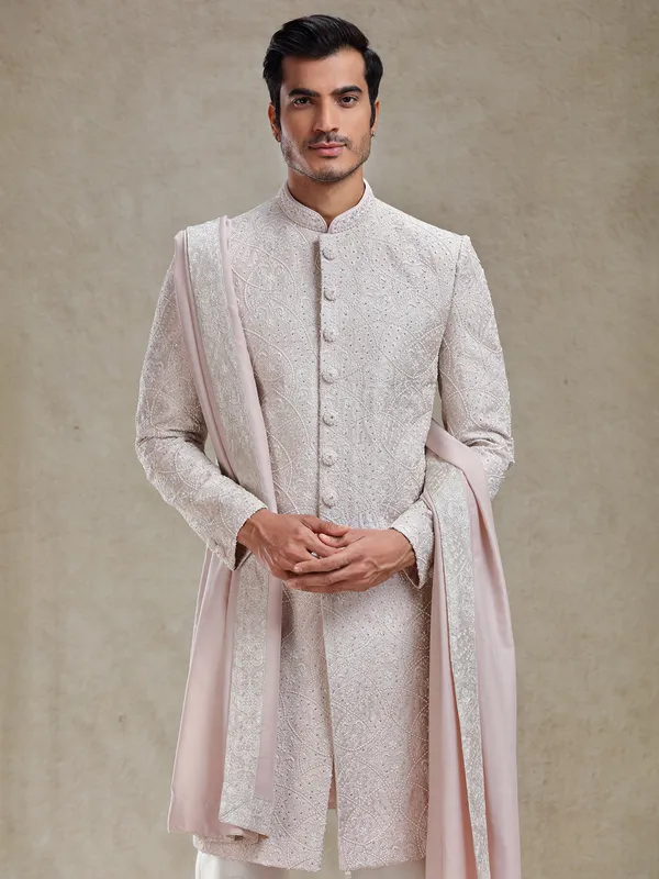 Pink embroidery pattern sherwani for men