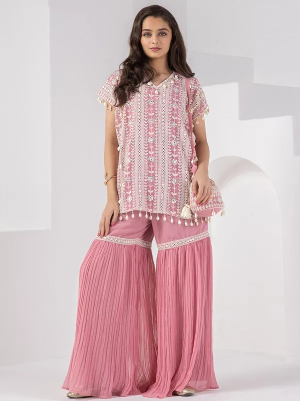 Pink embroidery sharara set