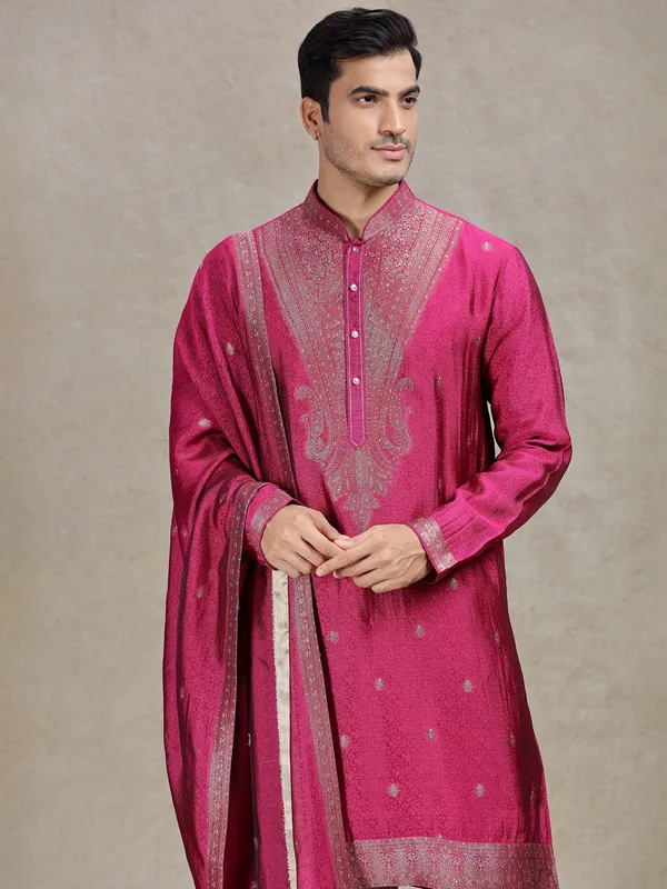 Pink ethereal elegance silk kurta set for men