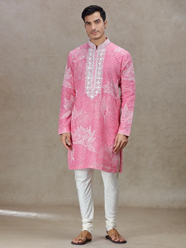 Pink exquisite elegant mens printed kurta set