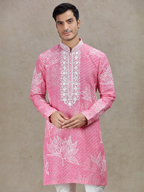 Pink exquisite elegant mens printed kurta set