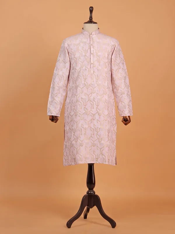 Pink festive ready zari printed kurta suit for men