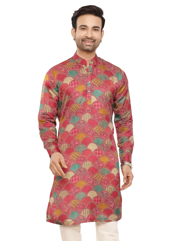 Pink festive wear printed mens kurta