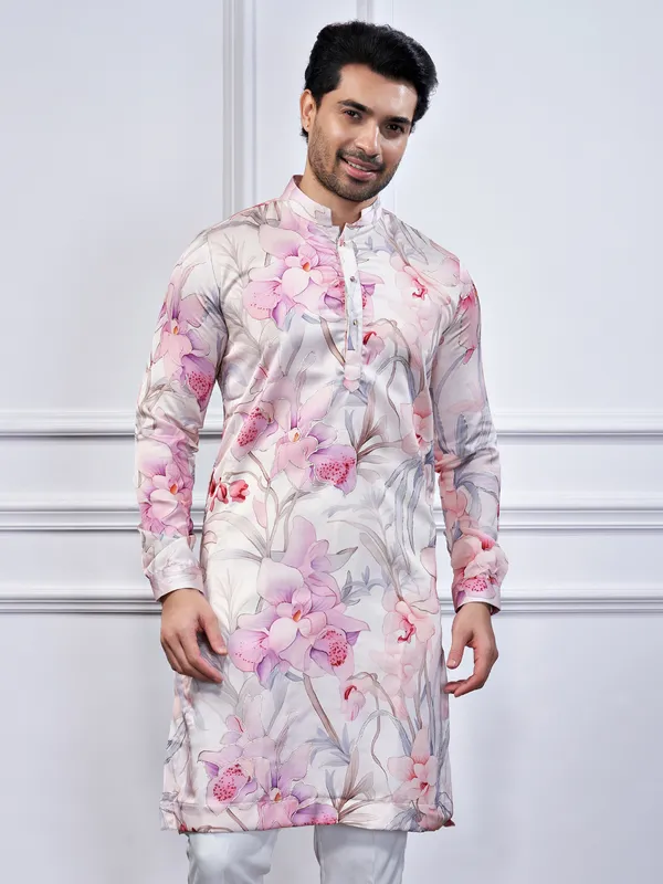 Pink floral printed cotton kurta suit for festive wear