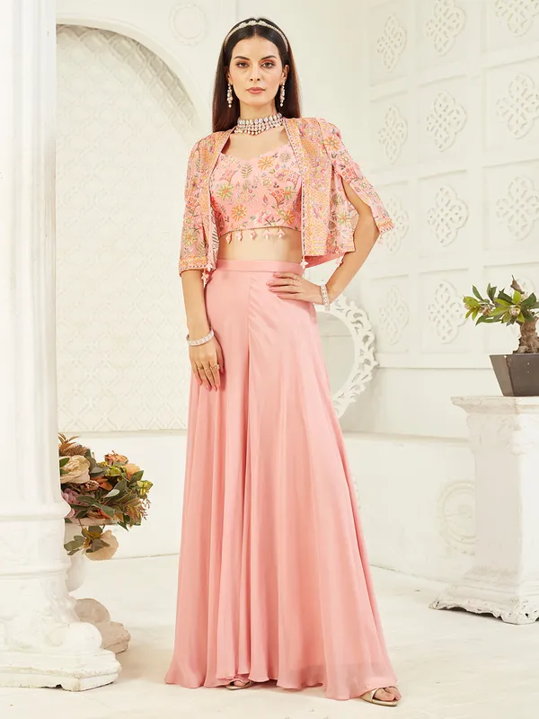 Pink georgette jacket palazzo suit with mirror work
