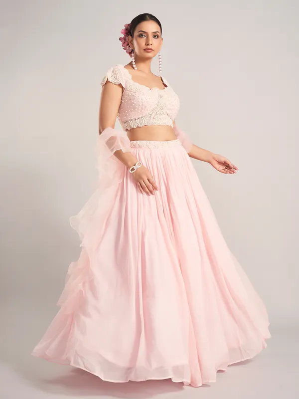 Pink georgette ruffle dupatta lehenga choli