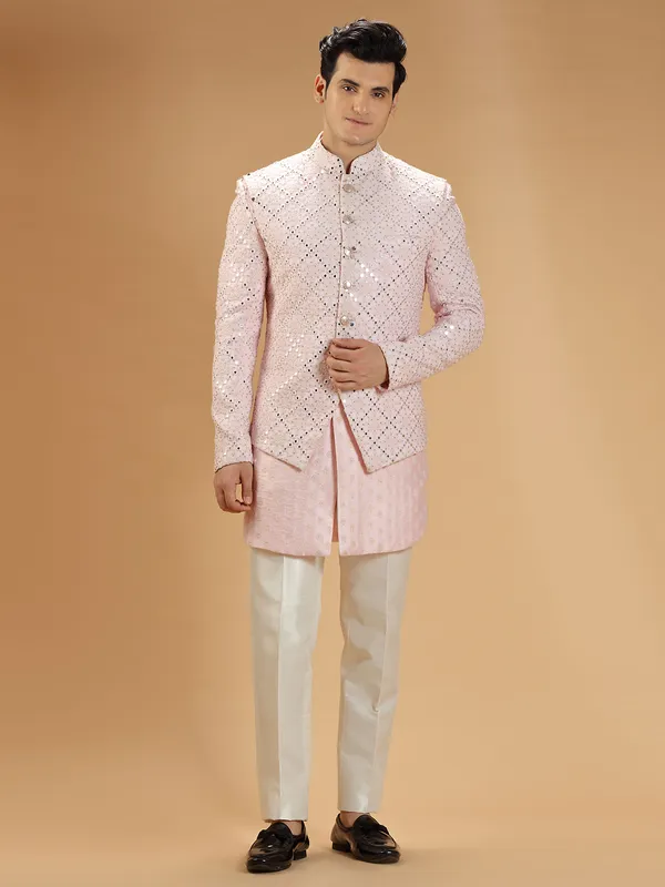 Pink georgette wedding look men indowestern