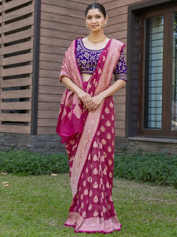 Pink banarasi georgette cruss wedding wear saree