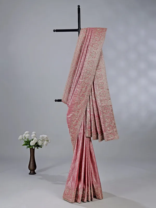 Pink kanjivaram silk saree with unstitched blouse