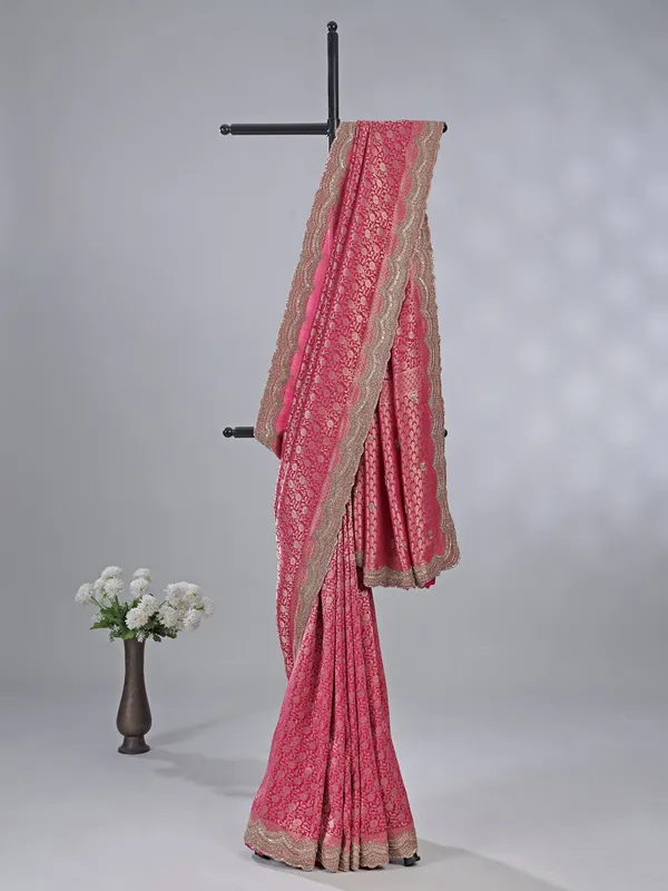Pink kanjivaram silk saree with zardosi and sequins work