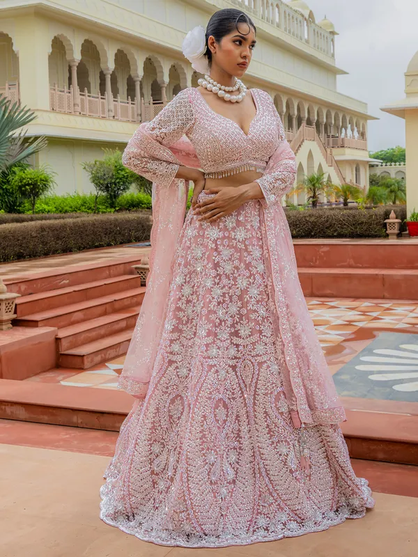 Pink lehenga choli for wedding in soft net