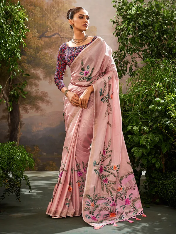 Pink linen tissue festive wear saree