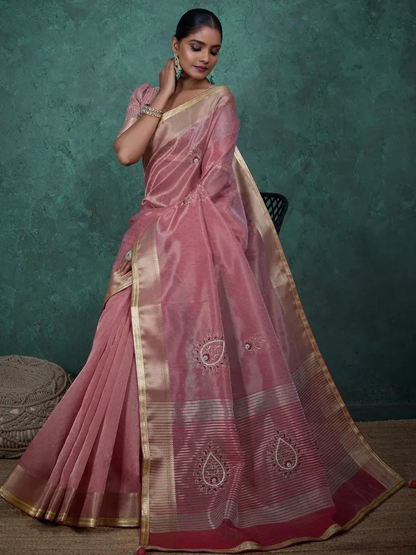 Pink linen tissue silk saree for women