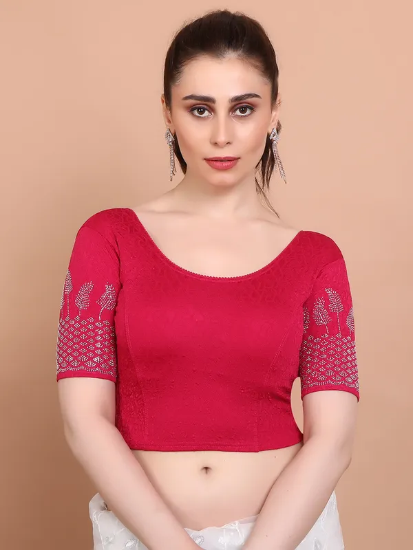 Pink lycra strechable ready made blouse with swarovksi