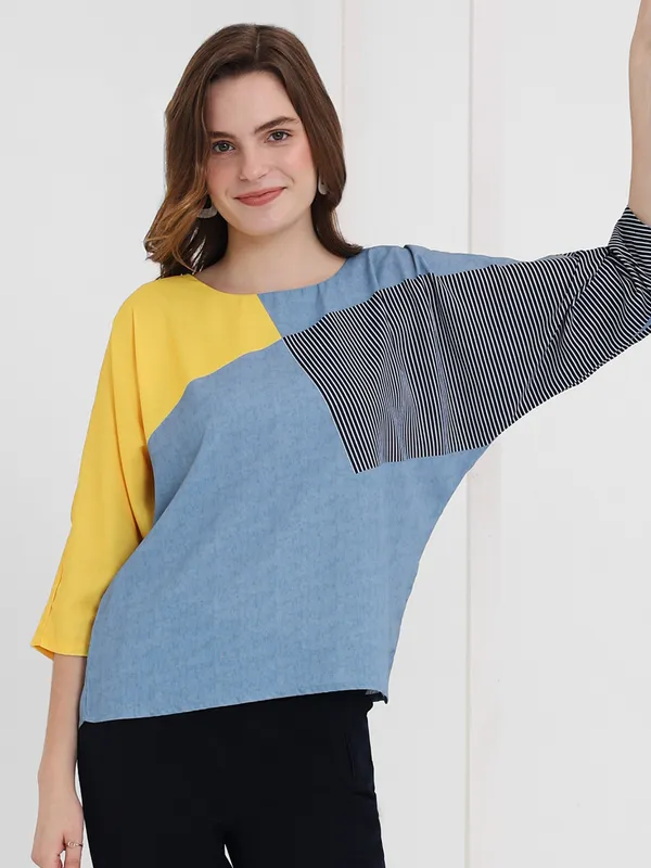 PINK NINE blue color block rayon cotton top