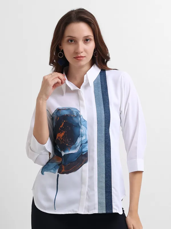 PINK NINE white printed rayon cotton collar neck shirt