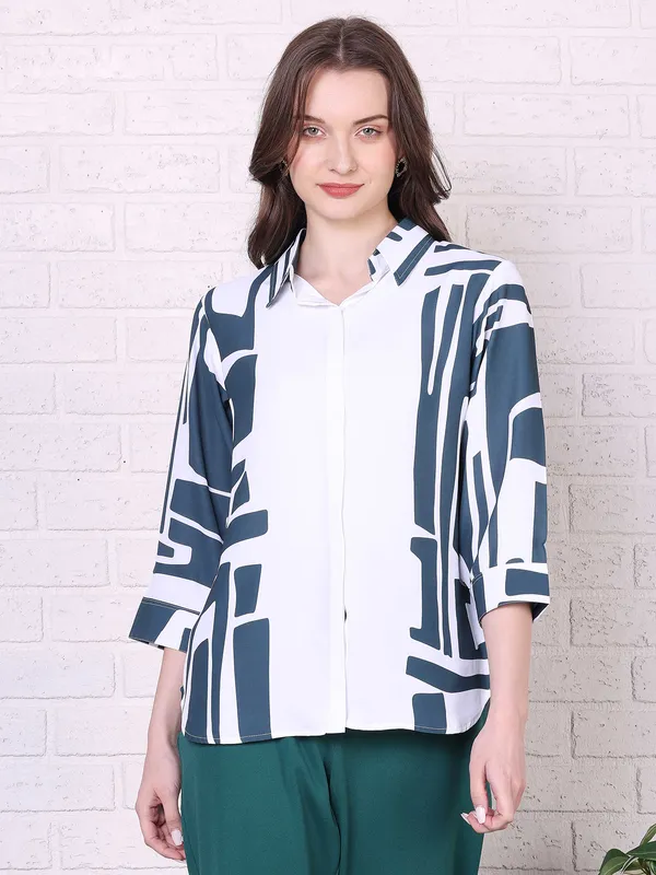 PINK NINE white rayon cotton quarter sleeve shirt