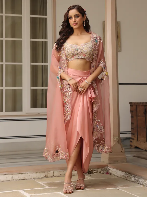 Pink organza and satin designer indowestern suit for women