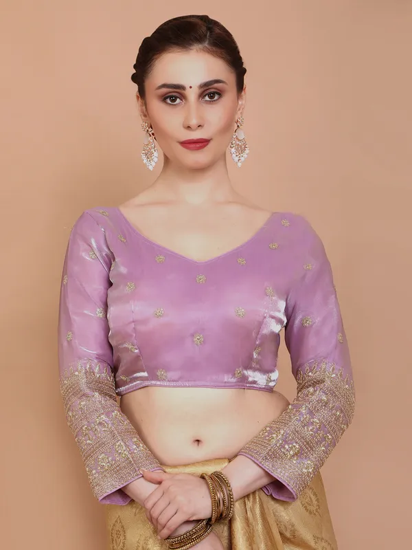 Pink organza embroidered V neck ready made blouse