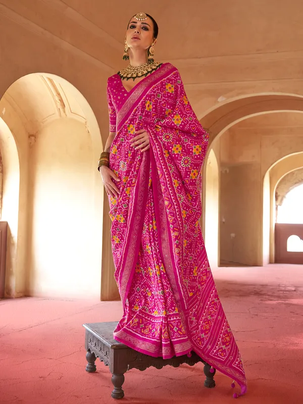 Pink patola silk printed saree for festival