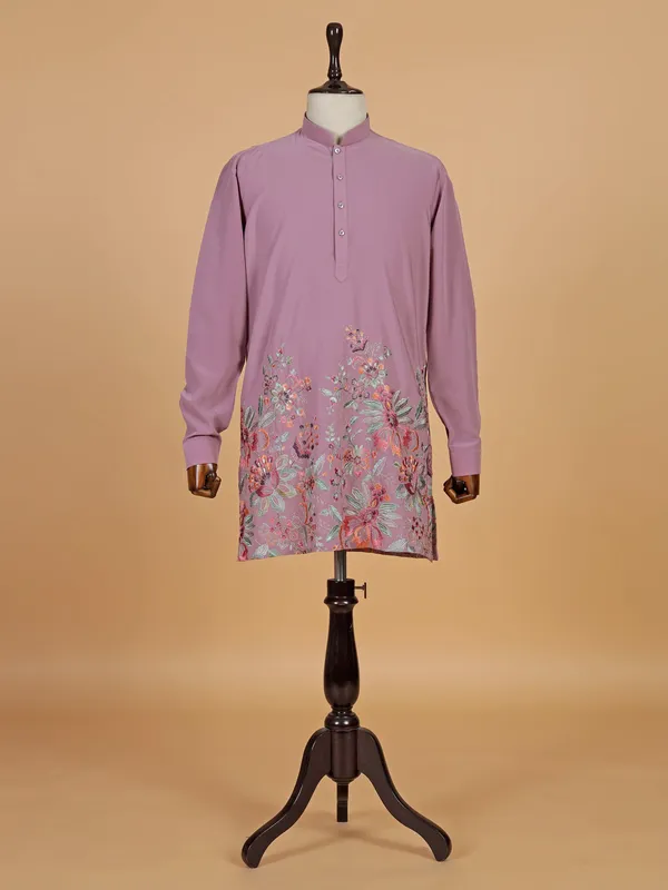 Pink plain kurta suit in satin for men
