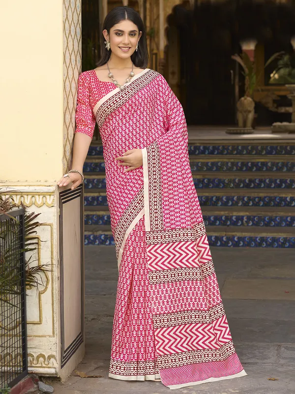 Pink printed bhagalpuri silk saree