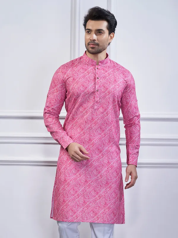 Pink printed cotton festival wear kurta suit