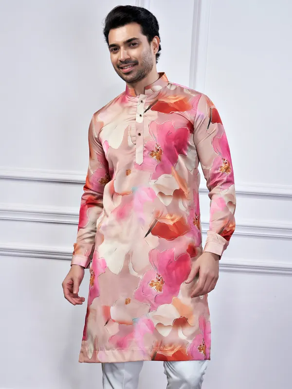 Pink printed cotton kurta suit for festive wear