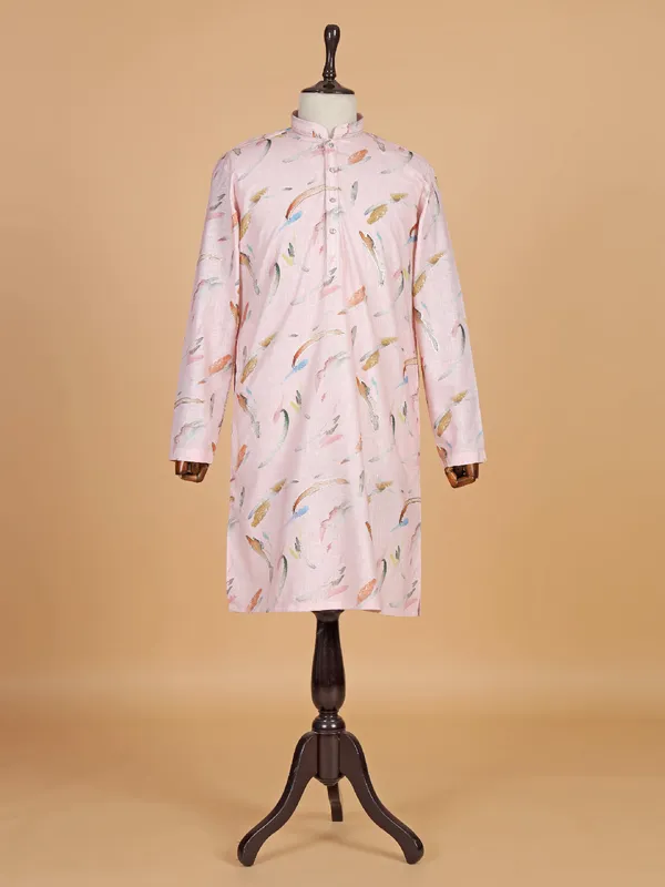 Pink printed cotton kurta suit for men