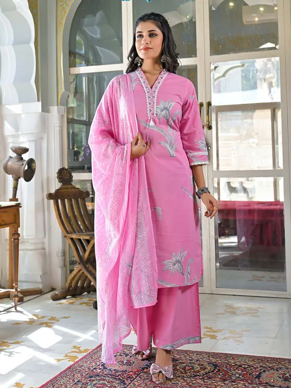 Pink printed cotton palazzo kurti set for women
