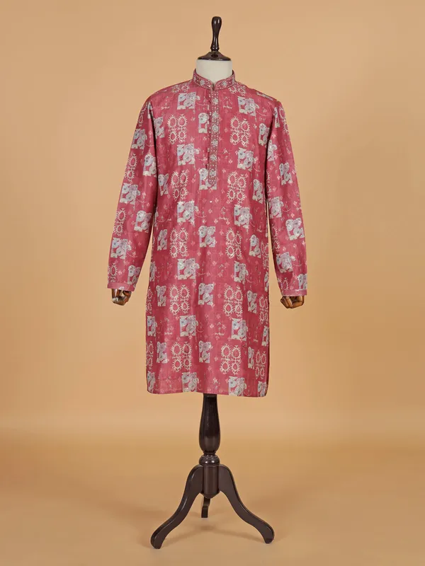 Pink printed cotton silk festive wear kurta suit for men