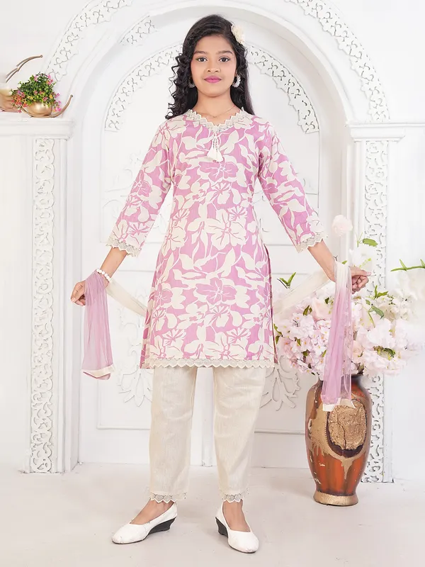 Pink printed cotton silk pant salwar suit with dupatta