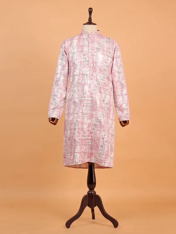 Pink printed kurta suit in embroidery for men