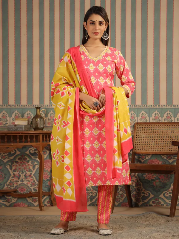 Pink printed kurti set with matching dupatta