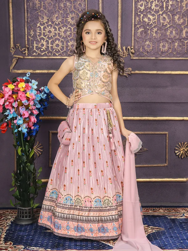 Pink printed lahenga choli in raw silk for girls