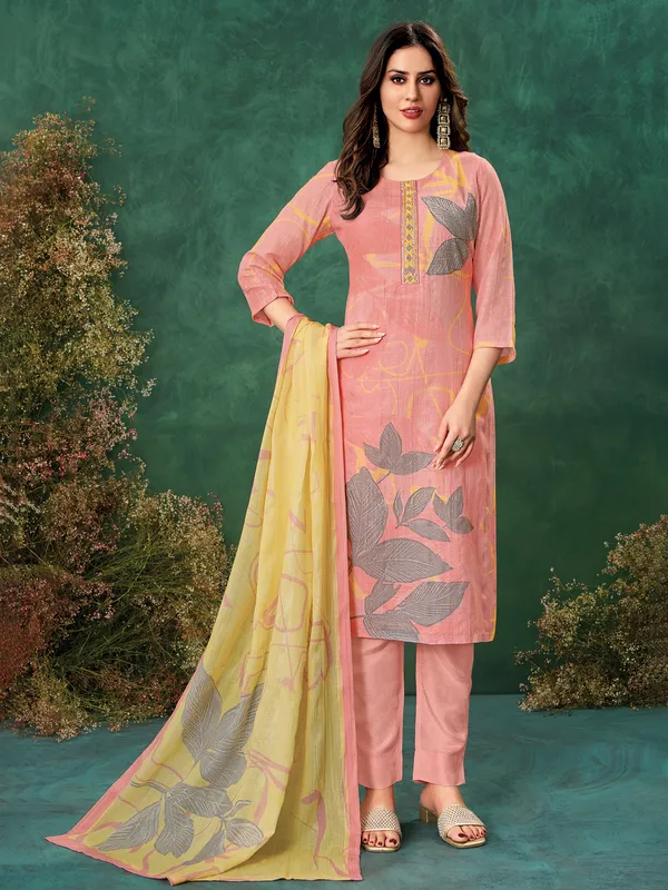 Pink printed linen salwar suit