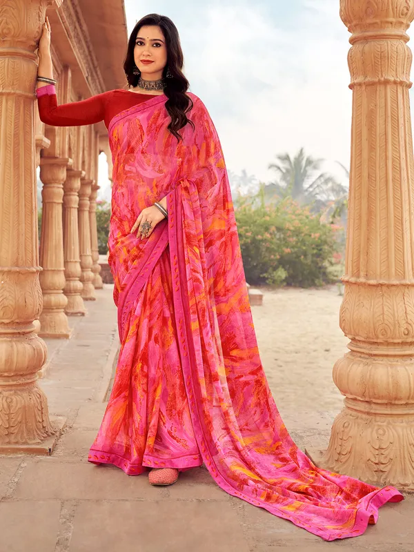 Pink printed saree in chiffon