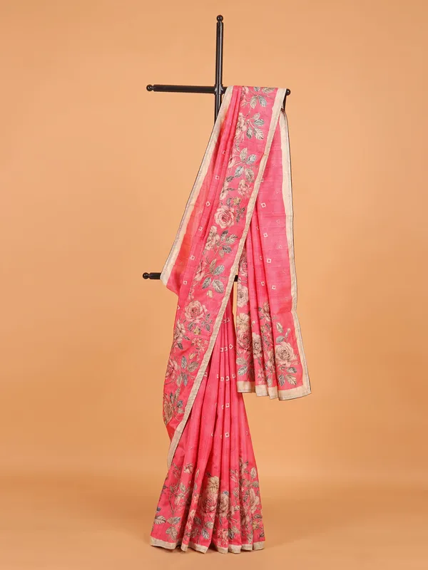Pink printed saree in semi silk for women