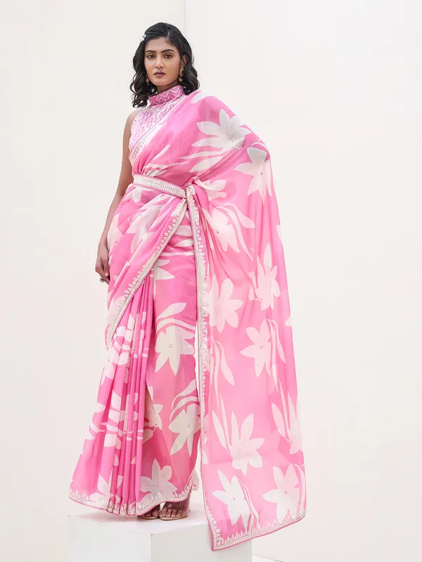 Classy pink printed satin saree