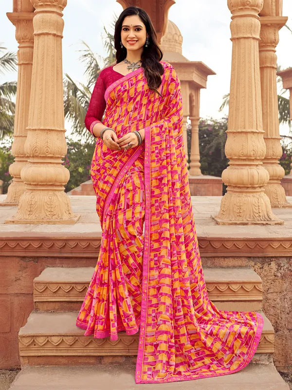 Pink printed shiffon saree for casual
