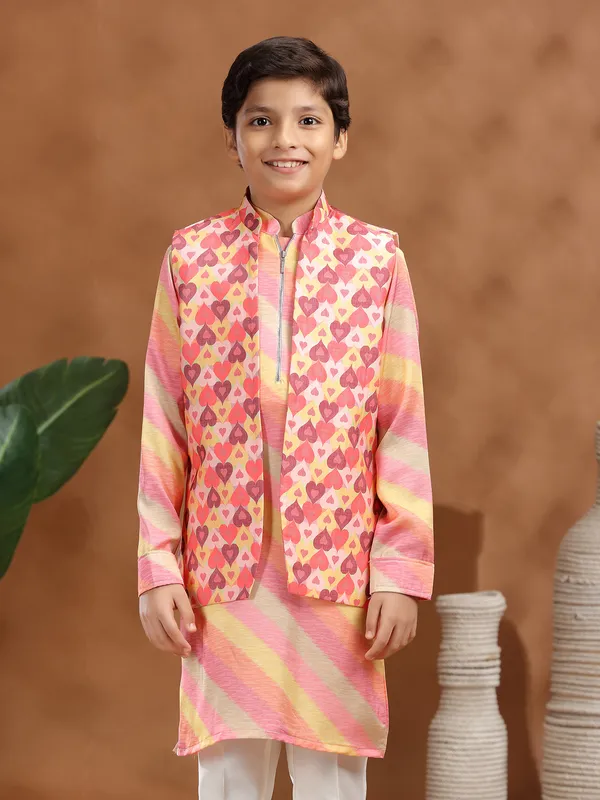 Pink printed silk boys waistcoat set for weddings