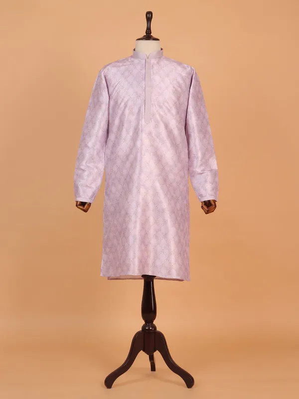 Pink printed silk kurta suit for men