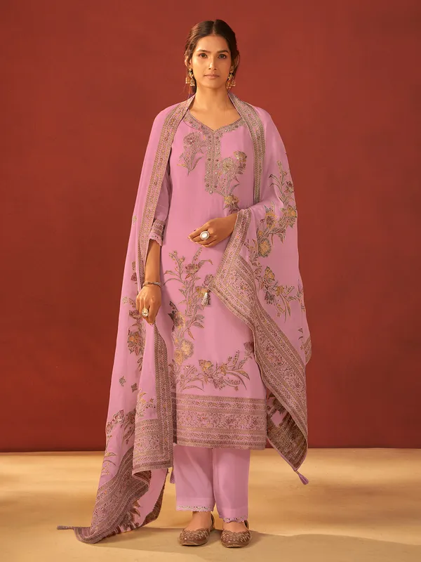 Pink printed silk kurti set with cutdana work