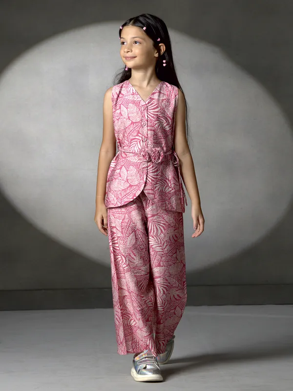 Pink printed silk palazzo co-ord set for girls